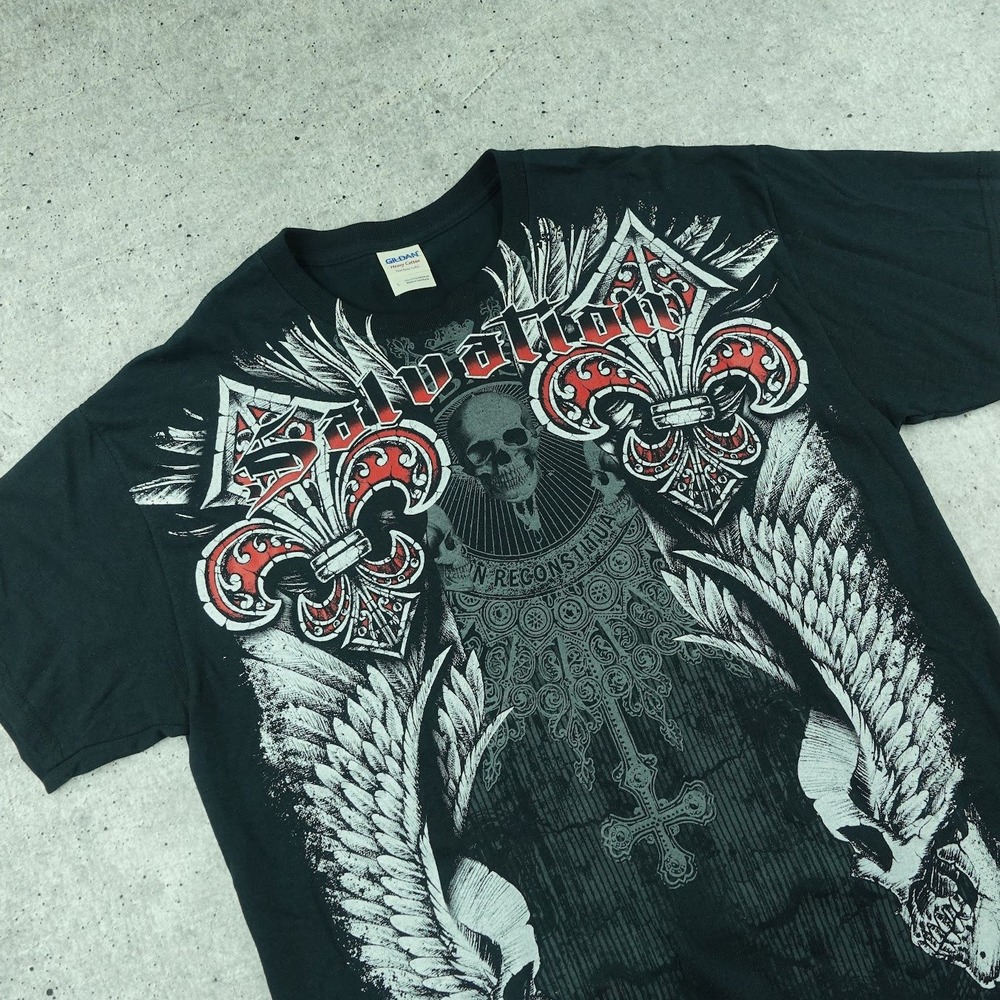 Y2K Salvation Skull T-Shirt Mens Large Black Gothic Grunge Fleur De Lis Wing
